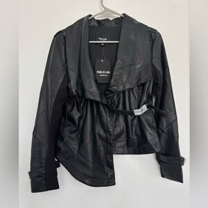 OOKIE & LALA FAUX LEATHER COLLARED ASSYMETTRICAL BUCKLE JACKET SZ XS